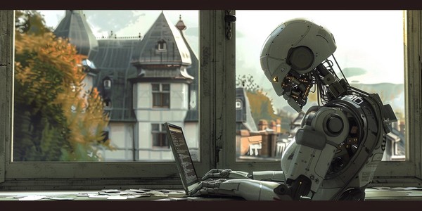 An AI-generated image of a modern robot at a desk, typing real estate descriptions on a laptop, showcasing AI's role in real estate marketing