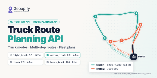 Truck Route Planning API banner: two truck routes split from one depot, with medium_truck and other truck mode limits