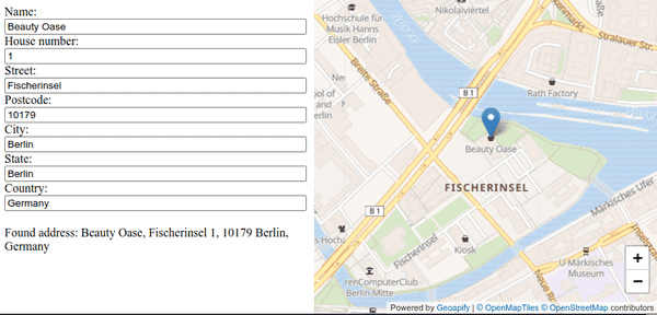 Reverse geocoding example: a click on a map of Berlin's Fischerinsel fills an address form with "Beauty Oase, Fischerinsel 1, 10179 Berlin, Germany"