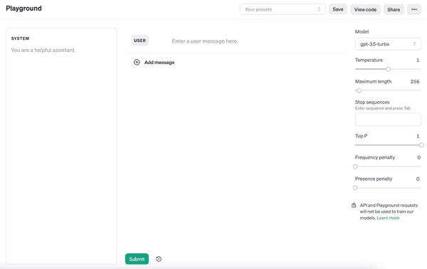 Understanding Chat GPT API Playground interface