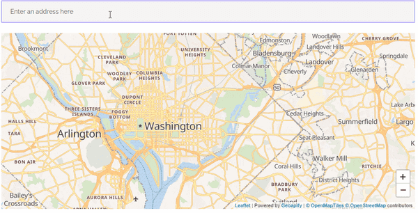 Address autocomplete example: an "Enter an address here" search field above a Leaflet map of Washington, D.C. with Geoapify tiles