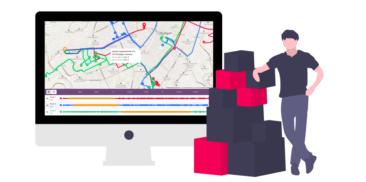 Optimal route for 3 delivery trucks with delivery and pickup jobs