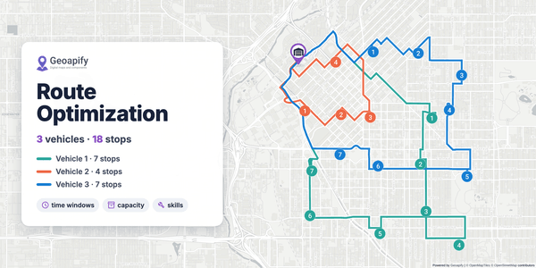 Map of central Denver with 3 color-coded vehicle routes from one depot to 18 numbered stops, from a Route Planner result