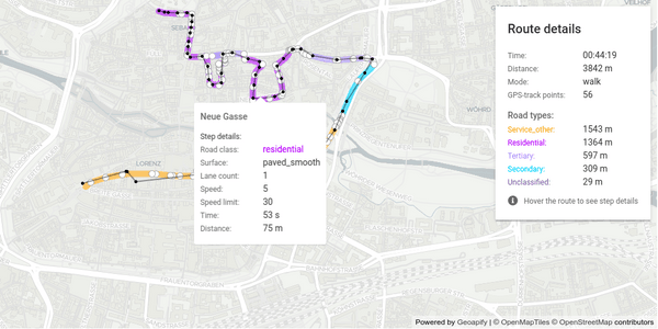 Map Matching API example - match GPS walking track, Nuremberg, Germany