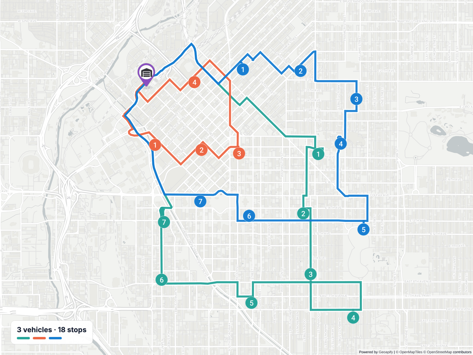 Map of central Denver: 3 color-coded vehicle routes from one depot to 18 numbered stops in visit order