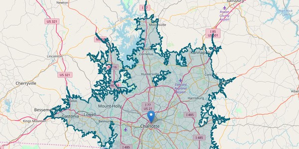 60 min drive travel time map