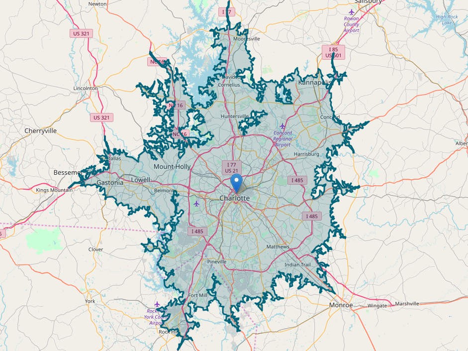 60 min drive travel time map