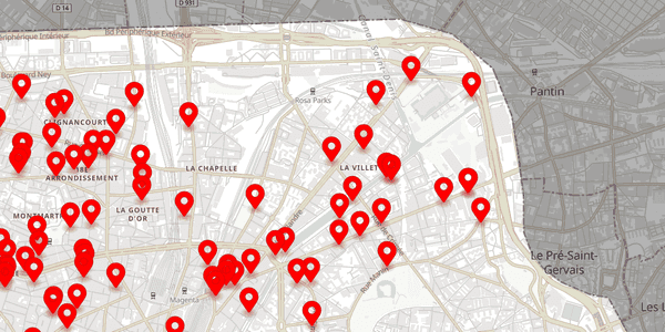 Places example: red markers for places of one category across the 18th and 19th arrondissements of Paris, with the area outside the city boundary shaded grey