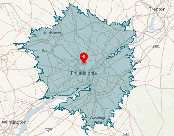 30 min isochrone from Philadelphia, PA, United States of America