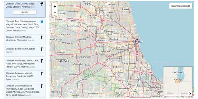 Nominatim free-form search results for "Chicago"