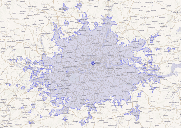Travel-time map example: a purple 60-minute public transit isochrone from central London spreading along rail lines to Watford, Slough and Gravesend