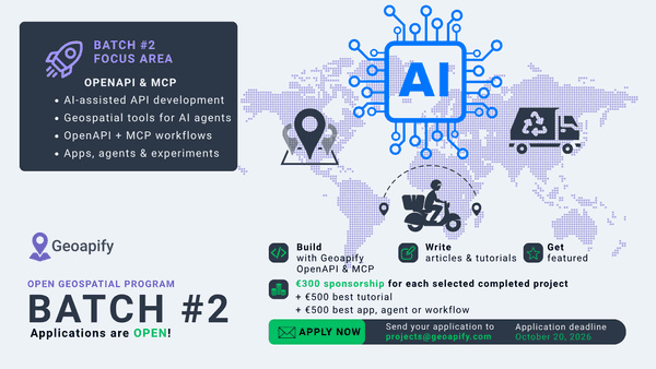Open Geospatial Program Batch #2 banner showing AI, OpenAPI, MCP, and example project formats