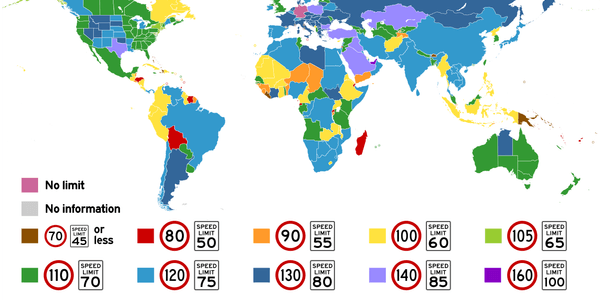Highest posted speed limits around the world. The <a href="https://commons.wikimedia.org/wiki/File:World_Speed_Limits.svg" rel="nofollow" target="_blank">original image</a> is licensed under <a rel="nofollow" target="_blank" href="https://creativecommons.org/licenses/by-sa/4.0/">CC BY-SA 4.0</a>.