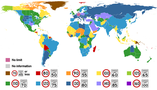 Highest posted speed limits around the world. The <a href="https://commons.wikimedia.org/wiki/File:World_Speed_Limits.svg" rel="nofollow" target="_blank">original image</a> is licensed under <a rel="nofollow" target="_blank" href="https://creativecommons.org/licenses/by-sa/4.0/">CC BY-SA 4.0</a>.