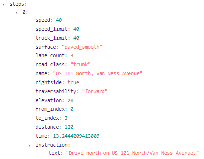 Returned GeoJSON object including route information 