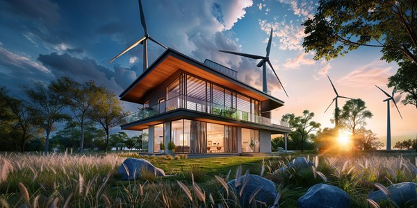 This image showcases a modern eco-friendly house amidst a serene natural landscape with wind turbines in the proximity. The close presence of the turbines could imply a potential issue with noise, posing a challenge for residents seeking both green living and a peaceful environment