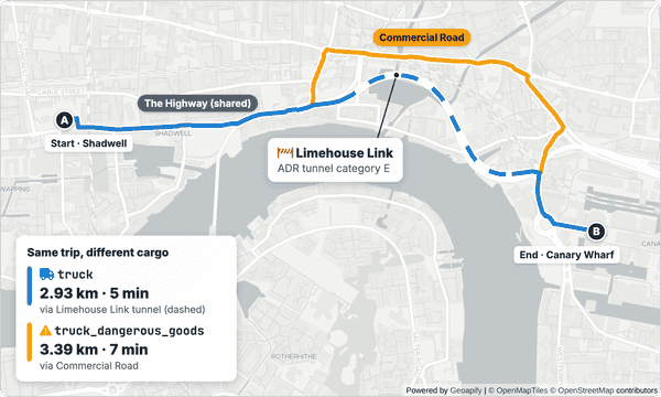 Map of East London comparing a truck route through the Limehouse Link tunnel with a dangerous goods route via Commercial Road
