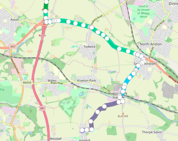 Route visualization, South Anston, UK