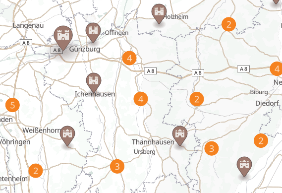 Custom touristic map showing castles in Bavaria