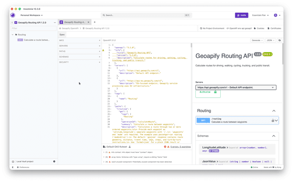 Insomnia showing the Geoapify Routing API 1.2.0 OpenAPI 3.1 specification in the spec editor, with the JSON source, a rendered preview listing servers, the GET /routing operation, and schemas