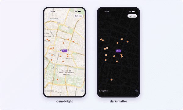 The finished Expo app on an iOS 27 simulator: a Geoapify osm-bright map of downtown Santa Fe with a purple Plaza label and orange café dots, and the same view in the dark-matter style