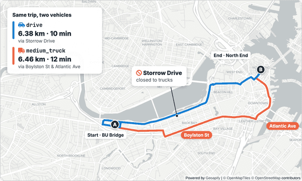 Map of Boston comparing a car route along Storrow Drive with a medium truck route via Boylston Street and Atlantic Avenue
