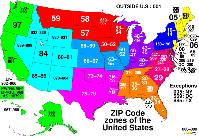 This map of the United States divides the country into ZIP code zones