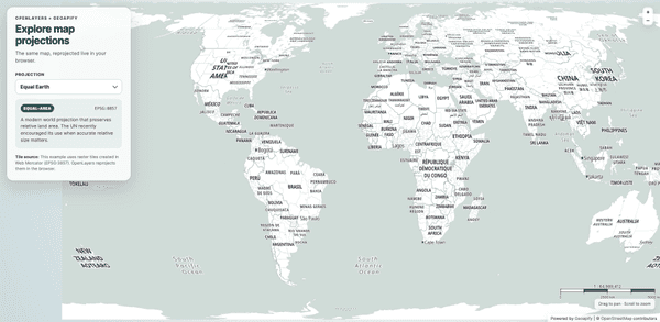 OpenLayers demo displaying Geoapify raster tiles in Equal Earth, with stretched labels near the map edges