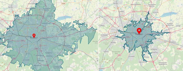 Isochrones for Munich area created by Graphhopper and Valhalla