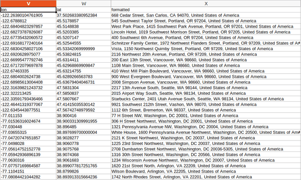 The addresses geocoded with Geoapify Geocoding API to CSV