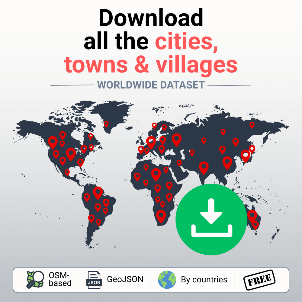 World cities database download with cities, towns, and villages worldwide