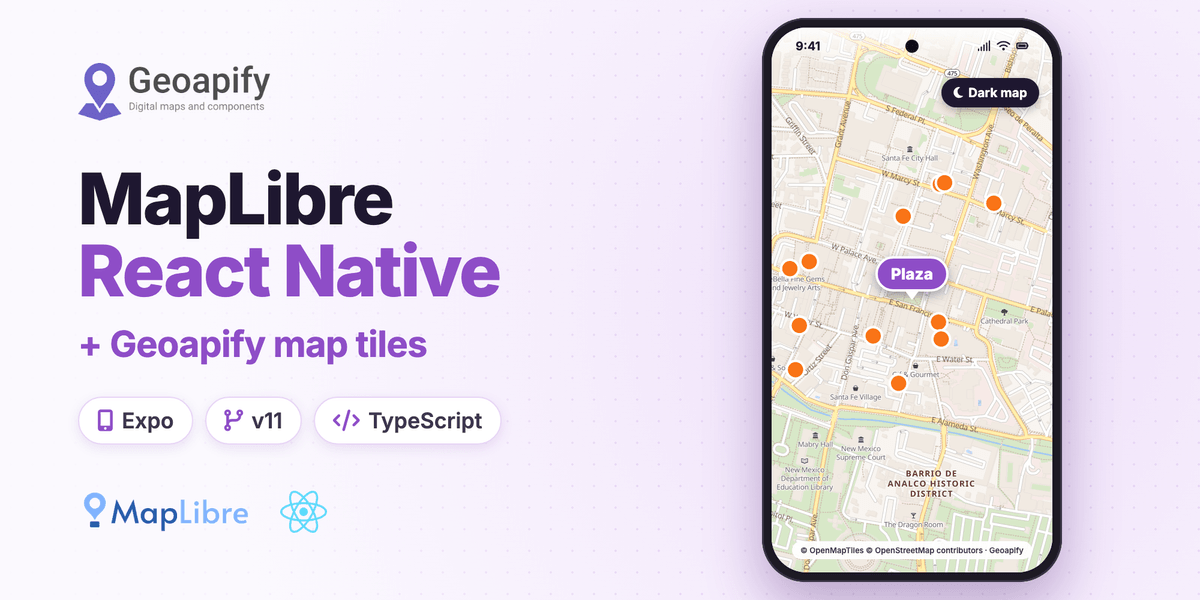 Phone running an Expo app with a Geoapify map of Santa Fe, NM: Plaza marker, café dots, made with MapLibre React Native