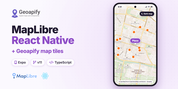 Phone running an Expo app with a Geoapify map of Santa Fe, NM: Plaza marker, café dots, made with MapLibre React Native