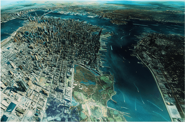 Aerial view of a cityscape generated by AI, showcasing a detailed urban environment with buildings, roads, and green spaces.