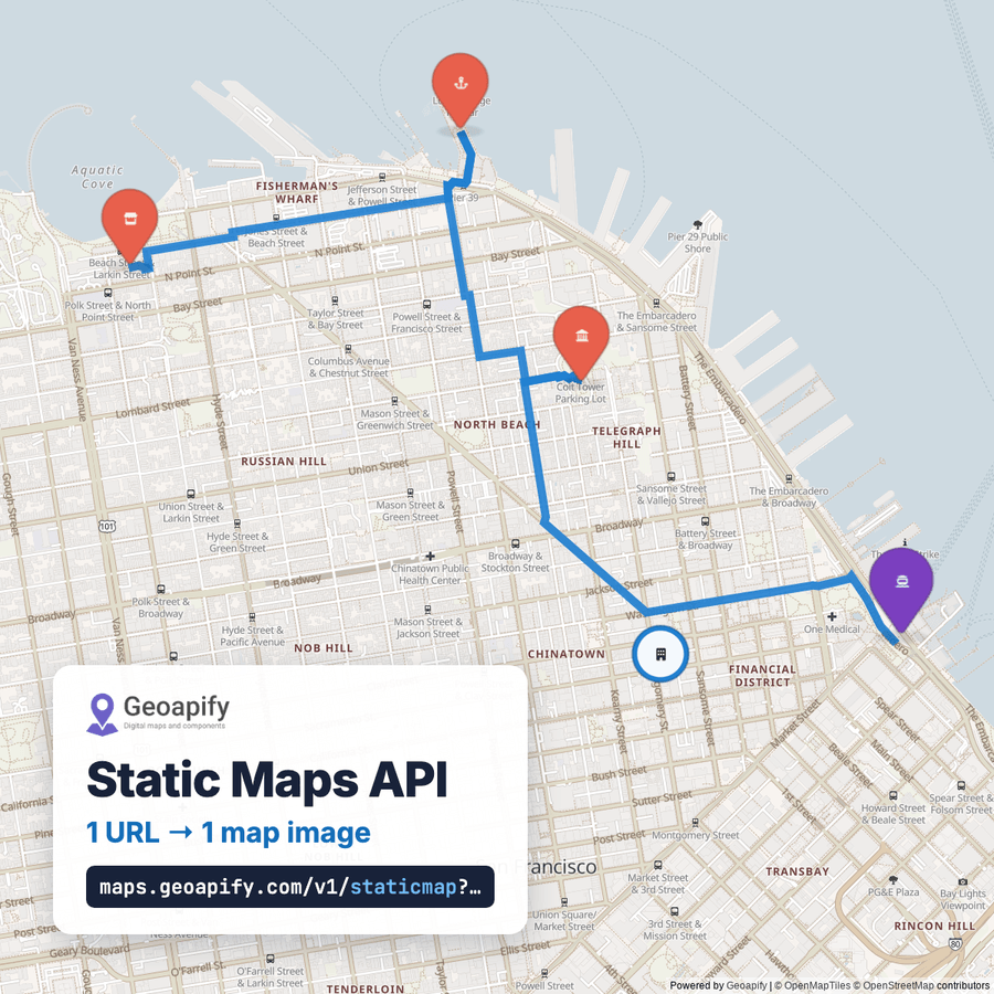 Static map of San Francisco with a blue walking route and five styled markers from Ferry Building to Ghirardelli Square
