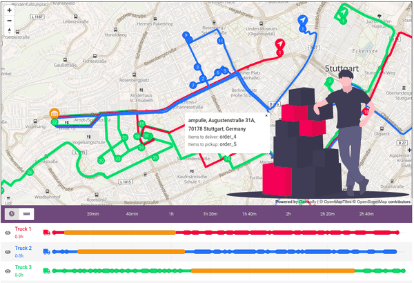 Delivery route optimization example: red, blue and green truck routes with numbered stops in Stuttgart, a popup with a delivery address and a three-truck timeline below the map