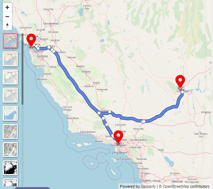 Route between Los Angeles, San Francisco, and Las Vegas (three waypoints)