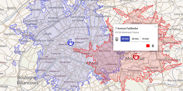 30 min transit isochrone maps from Montreuil and Paris