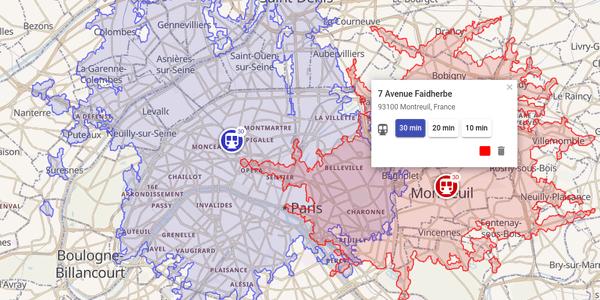 30 min transit isochrone maps from Montreuil and Paris