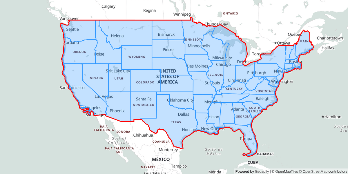 An illustrative map showcasing the boundaries of US states