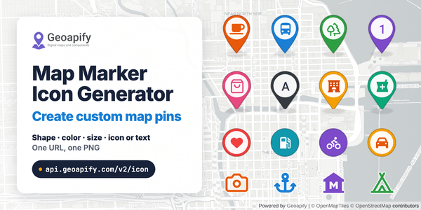 Custom map marker icons from Marker Icon API: pins, circles and plain icons in many colors on a Chicago map