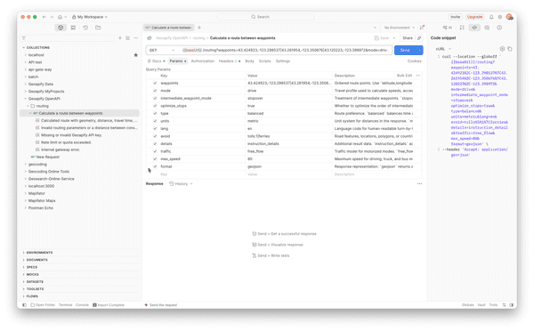 Postman showing the Geoapify Routing API imported from the OpenAPI specification, with the GET /routing request, pre-filled query parameters and descriptions, saved example responses, and a cURL code snippet