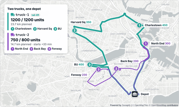 Map of Boston showing two optimized truck routes from one depot, with stops assigned by capacity, tail-lift equipment and delivery windows