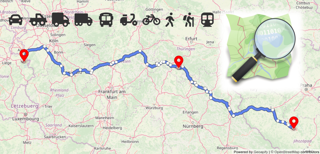 A driving route calculated with Geoapify Routing API on OpenStreetMap data