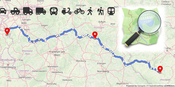 A driving route calculated with Geoapify Routing API on OpenStreetMap data