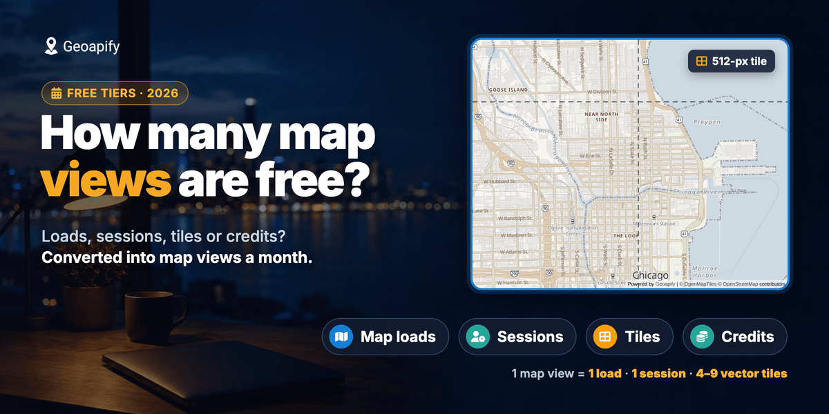 Dusk desk by a city skyline, a real Chicago map split into 512-px tiles, and chips for loads, sessions, tiles, credits