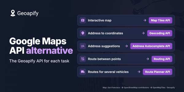 Geoapify banner: common map tasks such as maps, geocoding, autocomplete and routing, each linked to a Geoapify API