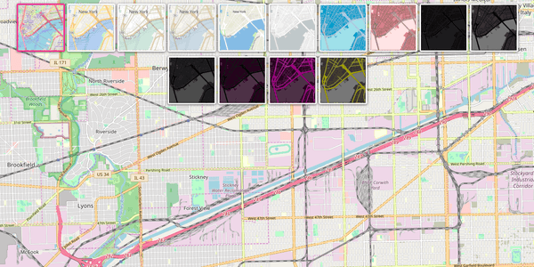 Vector and raster map tiles of different styles and colors