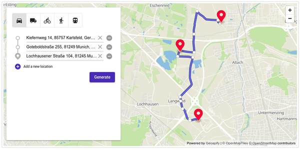 A route between 3 locations, Munich, DE