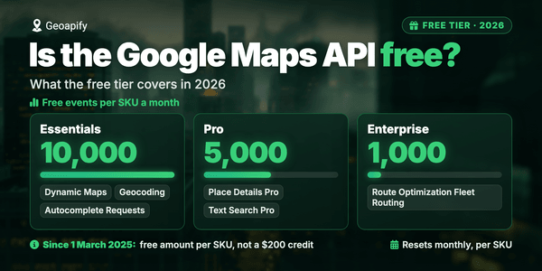 Tier cards with bars: 10,000 Essentials, 5,000 Pro and 1,000 Enterprise free Google Maps API events per SKU a month